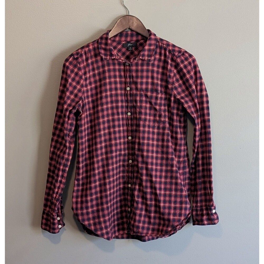 J. Crew Womens 4 Small S Red Blue Plaid Check Button Up Shirt Long Sleeve Cotton